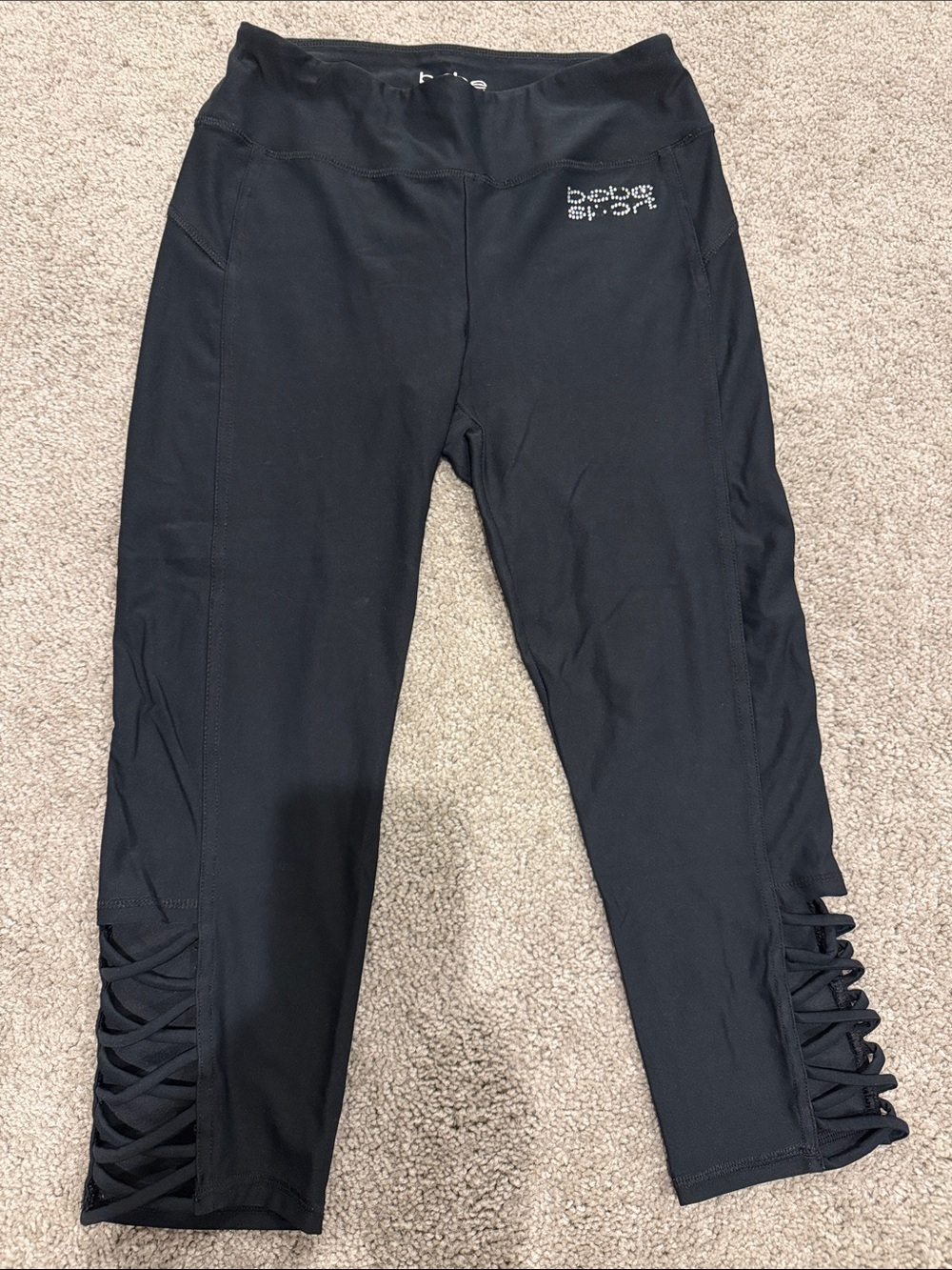 bebe Black Cropped Leggings with Lattice Side Detail